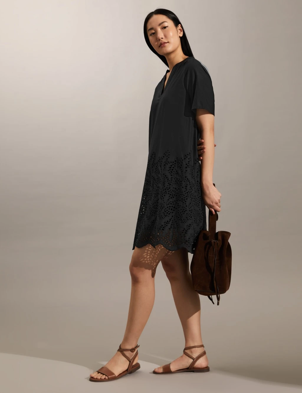 Jaeger Pure Cotton Broderie V-Neck Mini Shift Dress 3 Jaeger Pure Cotton Broderie V-Neck Mini Shift Dress - Image 3