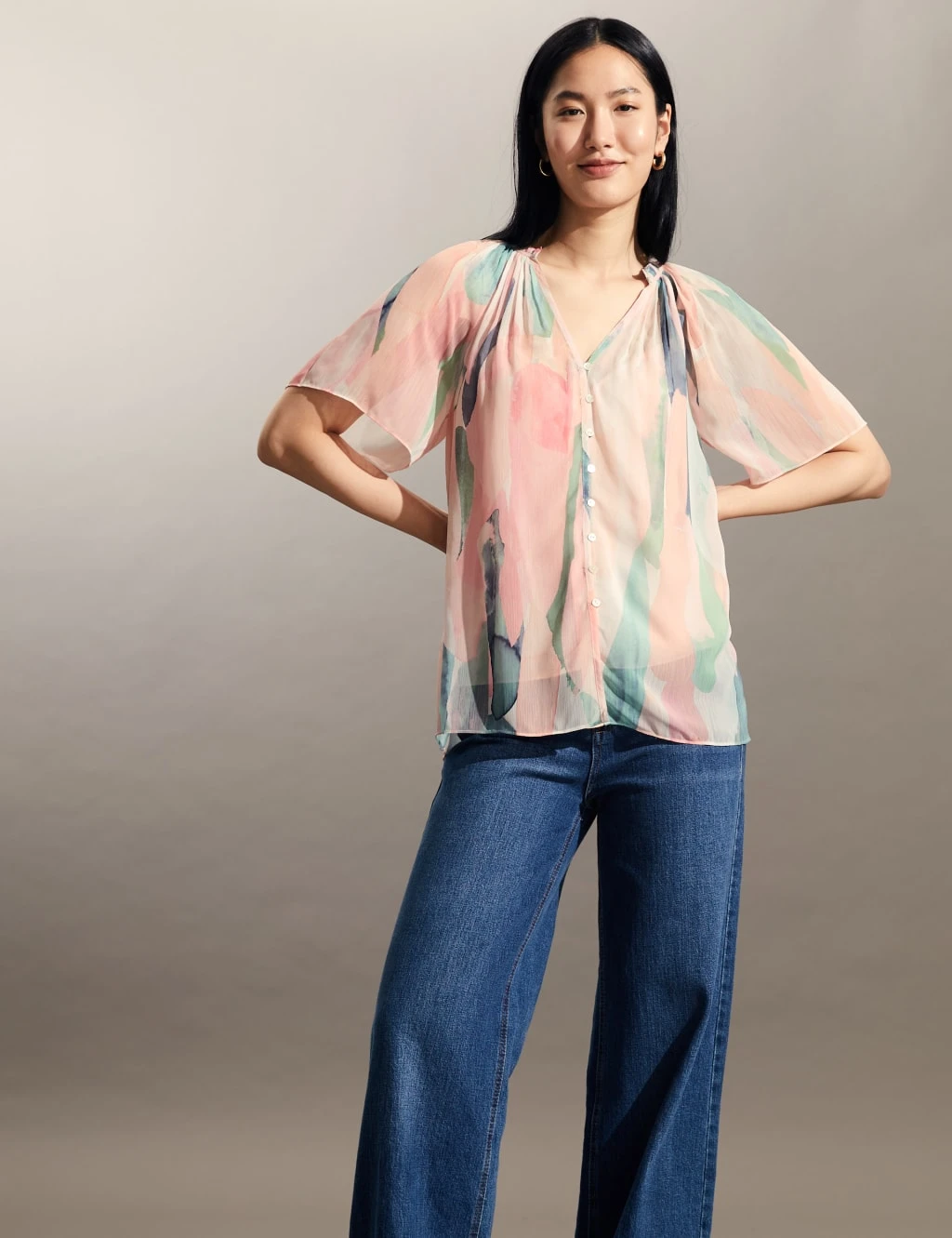 Jaeger Sheer Printed V-Neck Short Sleeve Blouse 1 Jaeger Sheer Printed V-Neck Short Sleeve Blouse