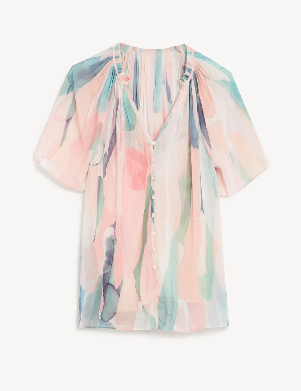 Jaeger Sheer Printed V-Neck Short Sleeve Blouse 2 Jaeger Sheer Printed V-Neck Short Sleeve Blouse - Image 2