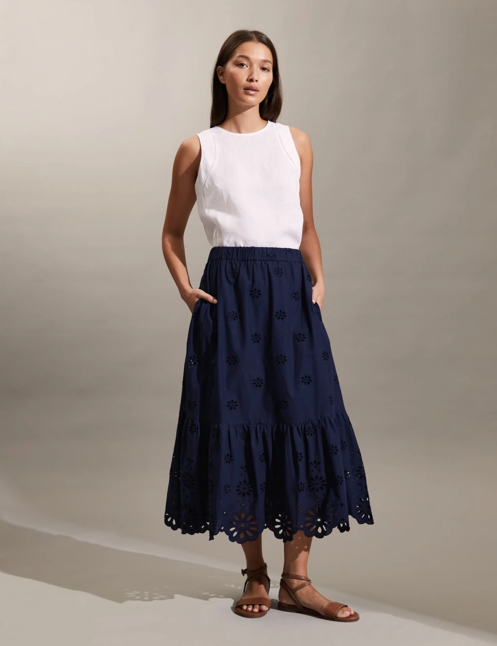 Jaeger Pure Cotton Broderie Midi Tiered Skirt 1 Jaeger Pure Cotton Broderie Midi Tiered Skirt