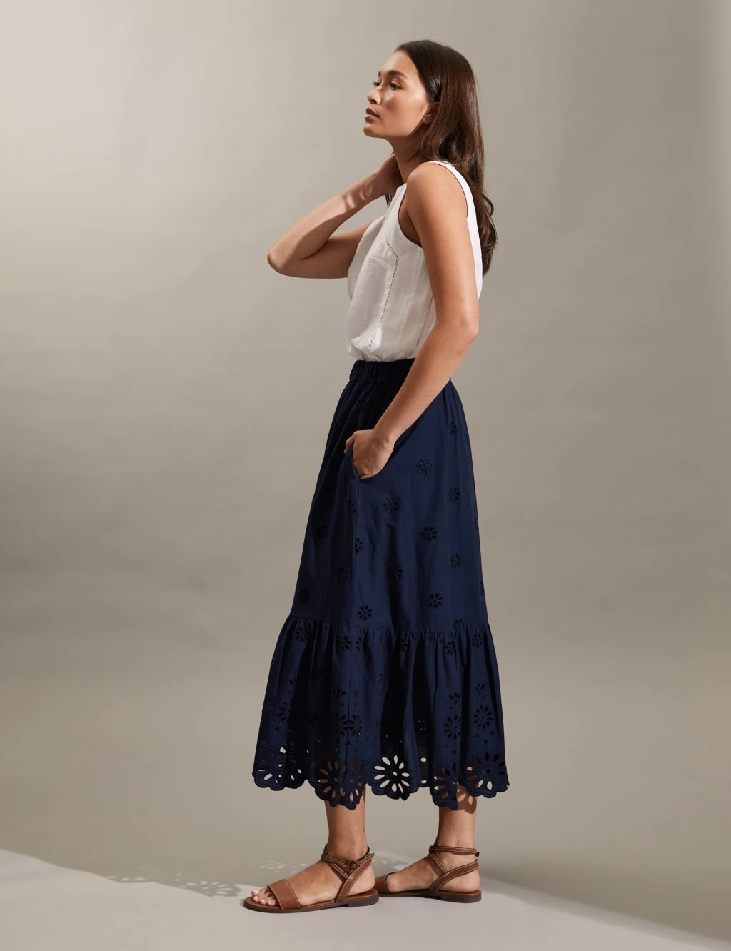 Jaeger Pure Cotton Broderie Midi Tiered Skirt 3 Jaeger Pure Cotton Broderie Midi Tiered Skirt - Image 3