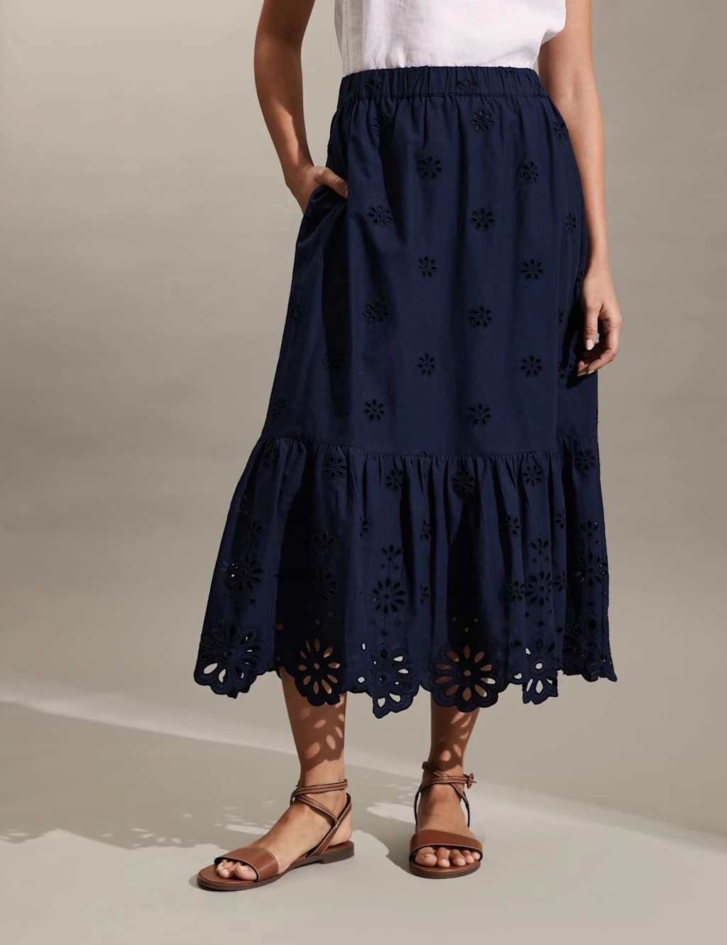 Jaeger Pure Cotton Broderie Midi Tiered Skirt 4 Jaeger Pure Cotton Broderie Midi Tiered Skirt - Image 4