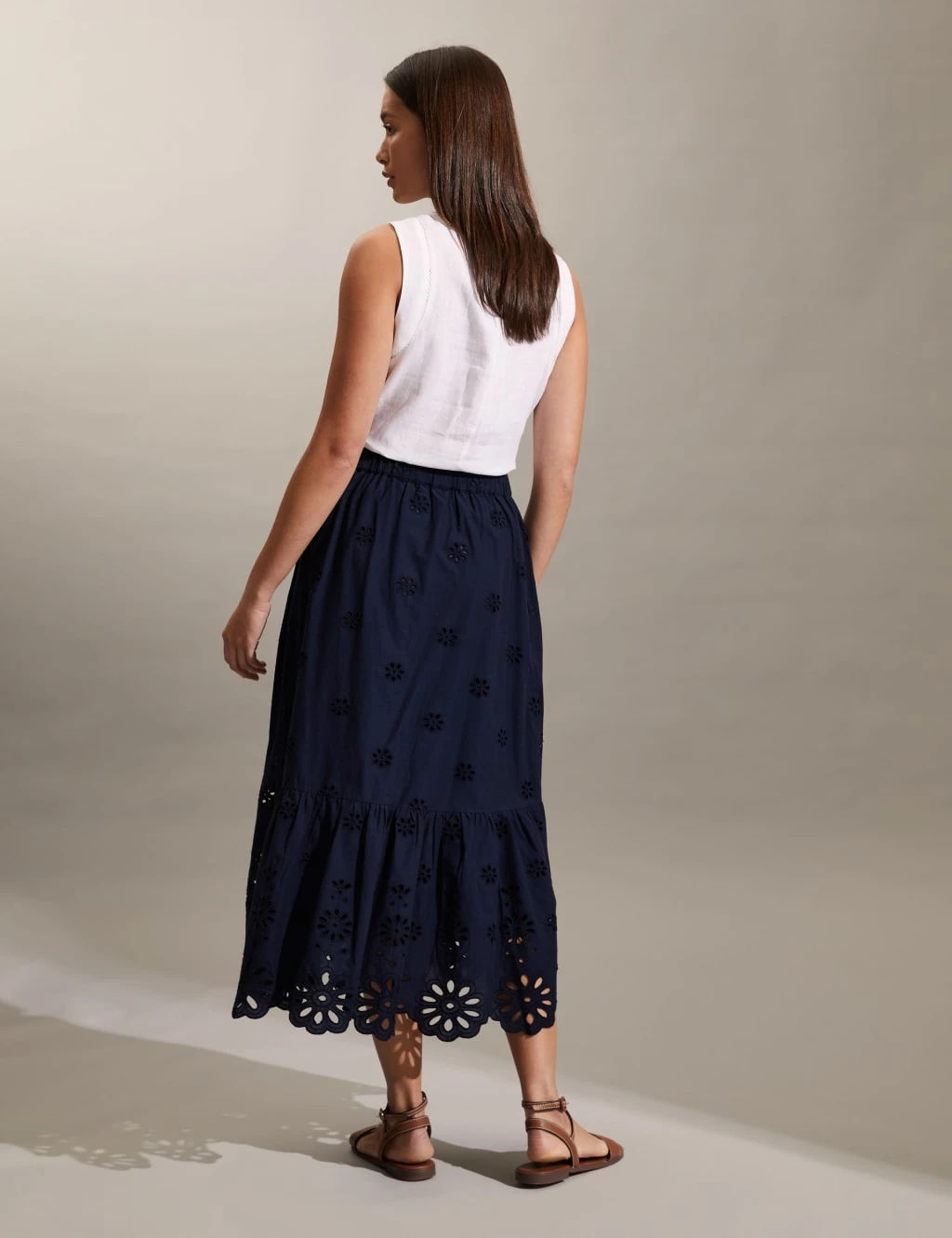 Jaeger Pure Cotton Broderie Midi Tiered Skirt 6 Jaeger Pure Cotton Broderie Midi Tiered Skirt - Image 6