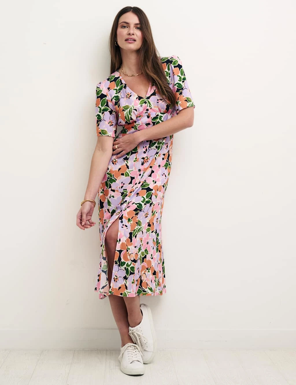 Floral V-Neck Button Through Midi Tea Dress 1 Floral V-Neck Button Through Midi Tea Dress