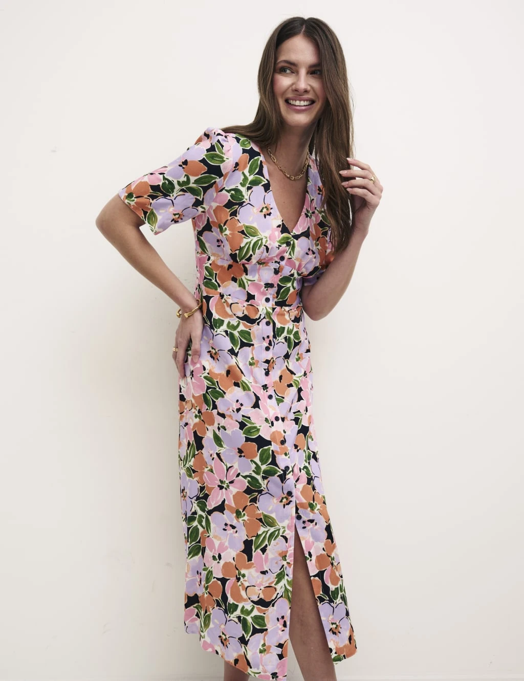 Floral V-Neck Button Through Midi Tea Dress 3 Floral V-Neck Button Through Midi Tea Dress - Image 3