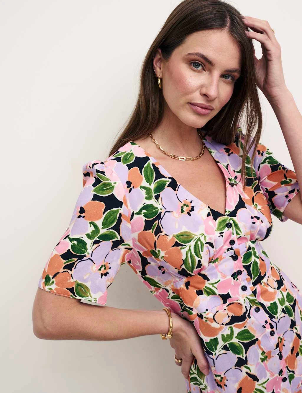 Floral V-Neck Button Through Midi Tea Dress 4 Floral V-Neck Button Through Midi Tea Dress - Image 4