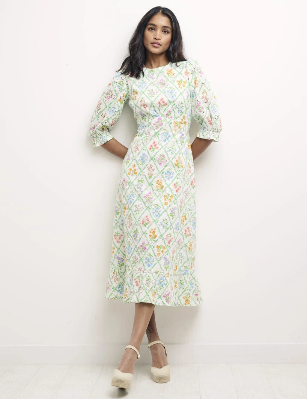 Pure Cotton Floral Broderie Midi Waisted Dress 1 Pure Cotton Floral Broderie Midi Waisted Dress