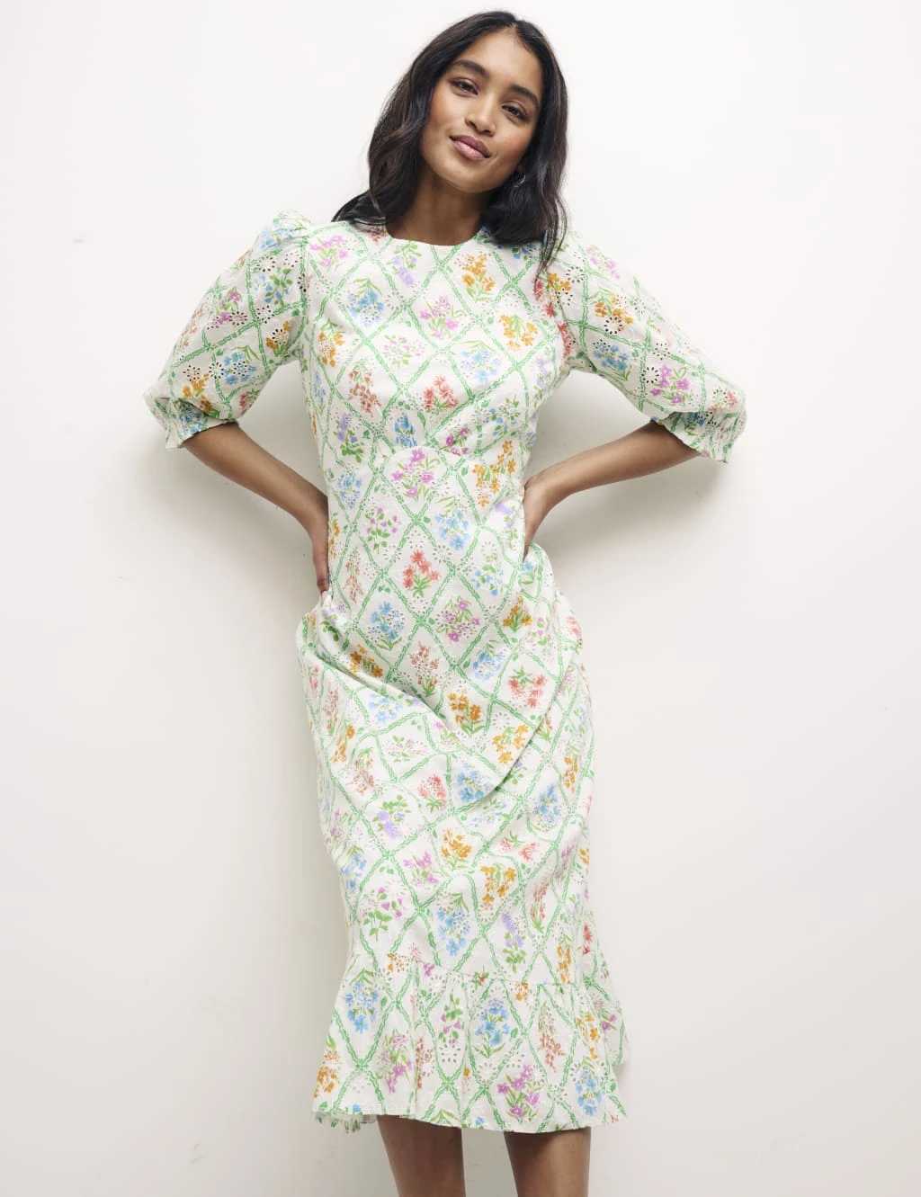 Pure Cotton Floral Broderie Midi Waisted Dress 3 Pure Cotton Floral Broderie Midi Waisted Dress - Image 3