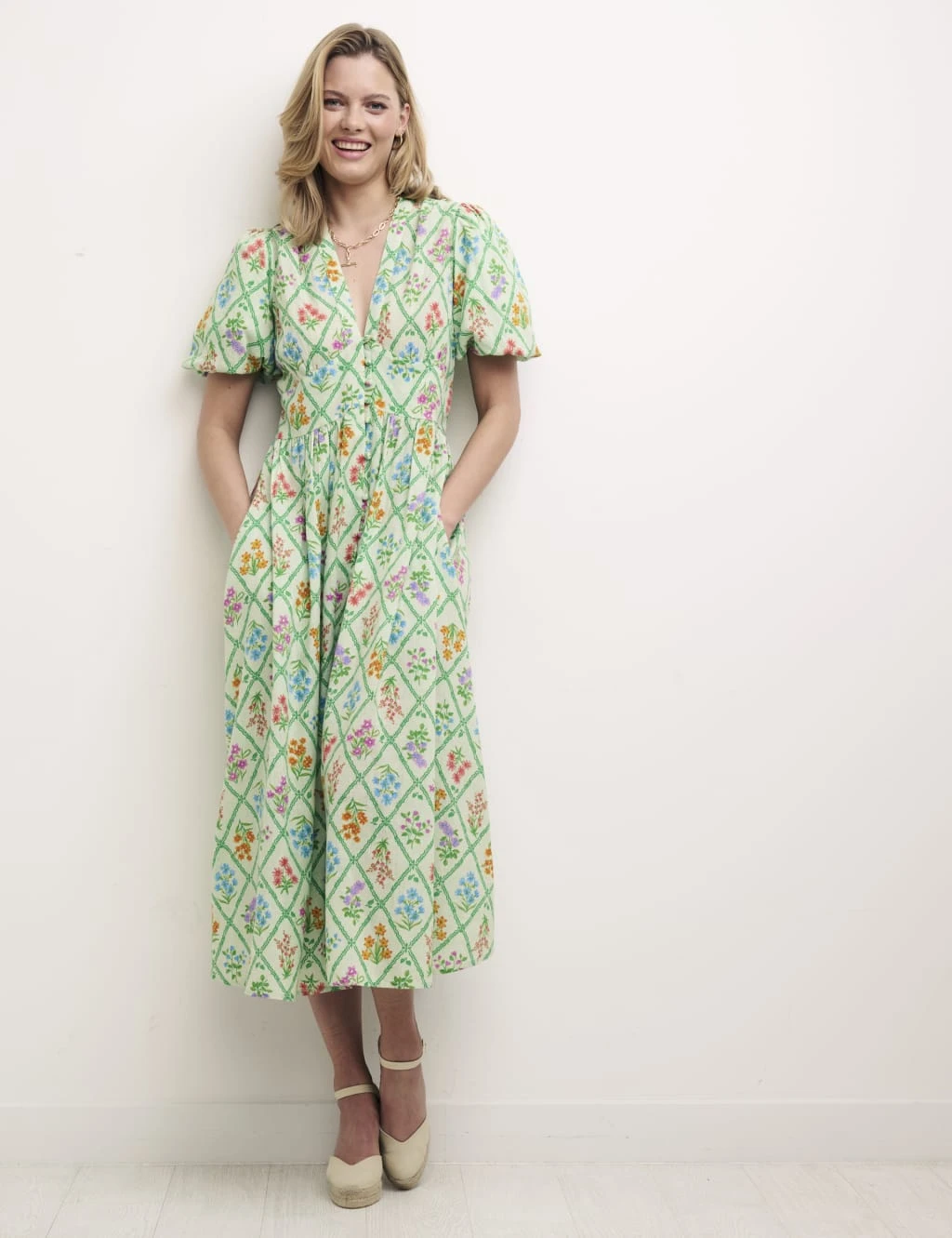 Floral Button Through Midi Waisted Dress 3 Floral Button Through Midi Waisted Dress - Image 3