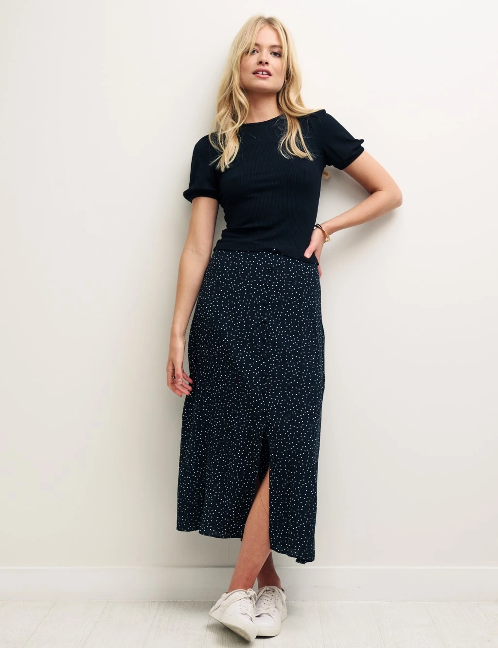 Polka Dot Button Detail Midi Slip Skirt 1 Polka Dot Button Detail Midi Slip Skirt