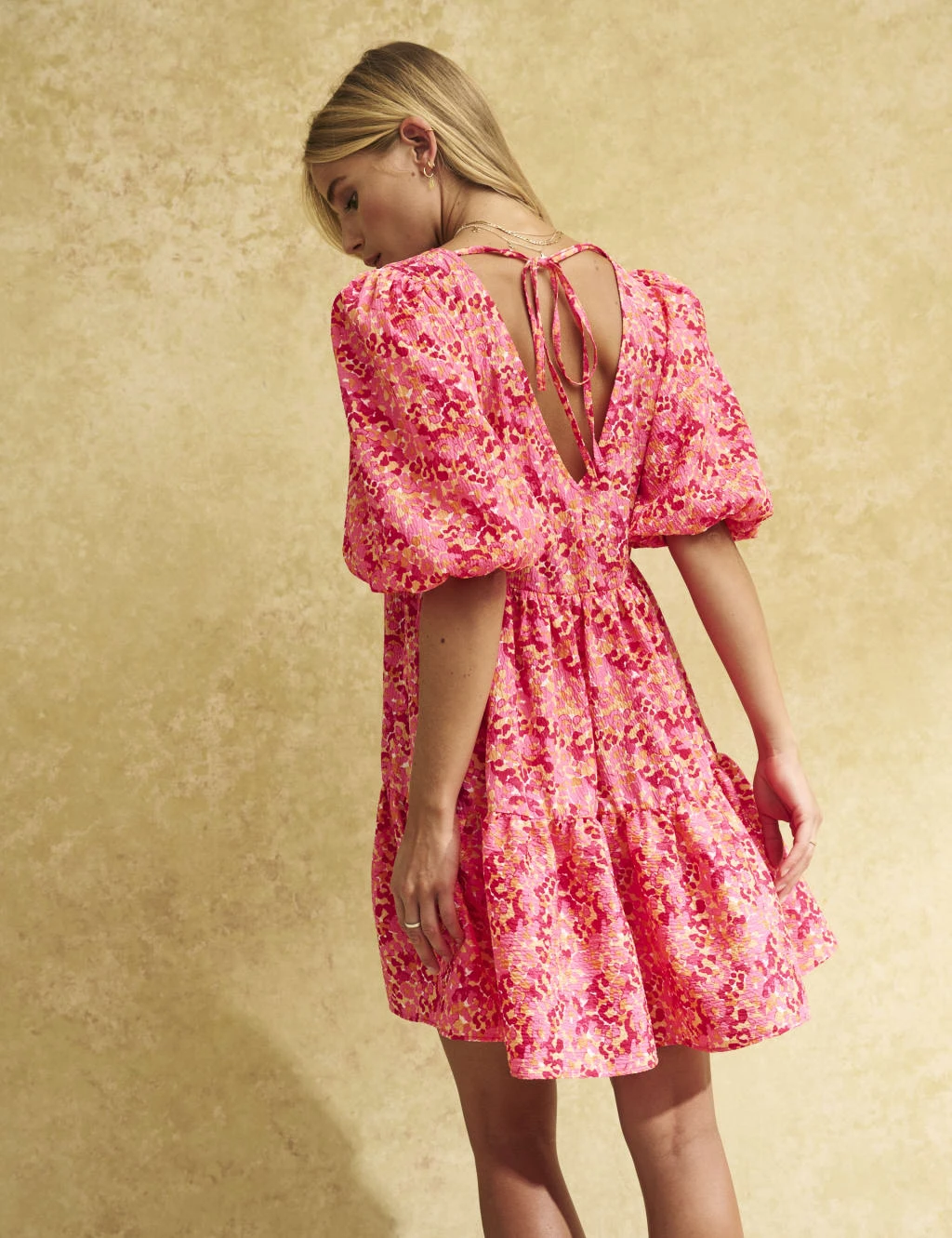 Printed V-Neck Mini Smock Dress 4 Printed V-Neck Mini Smock Dress - Image 4