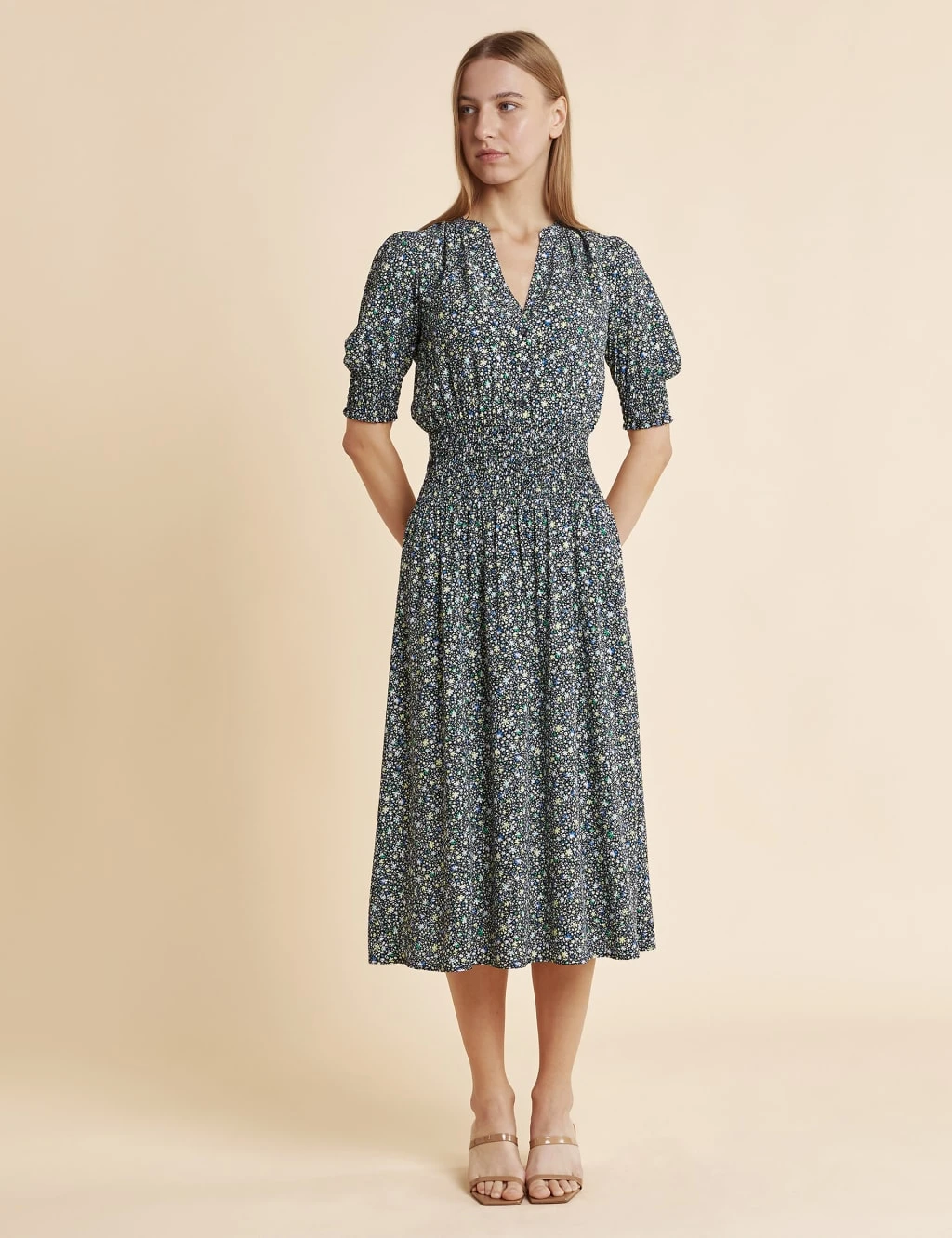 Floral V-Neck Shirred Midi Skater Dress 1 Floral V-Neck Shirred Midi Skater Dress