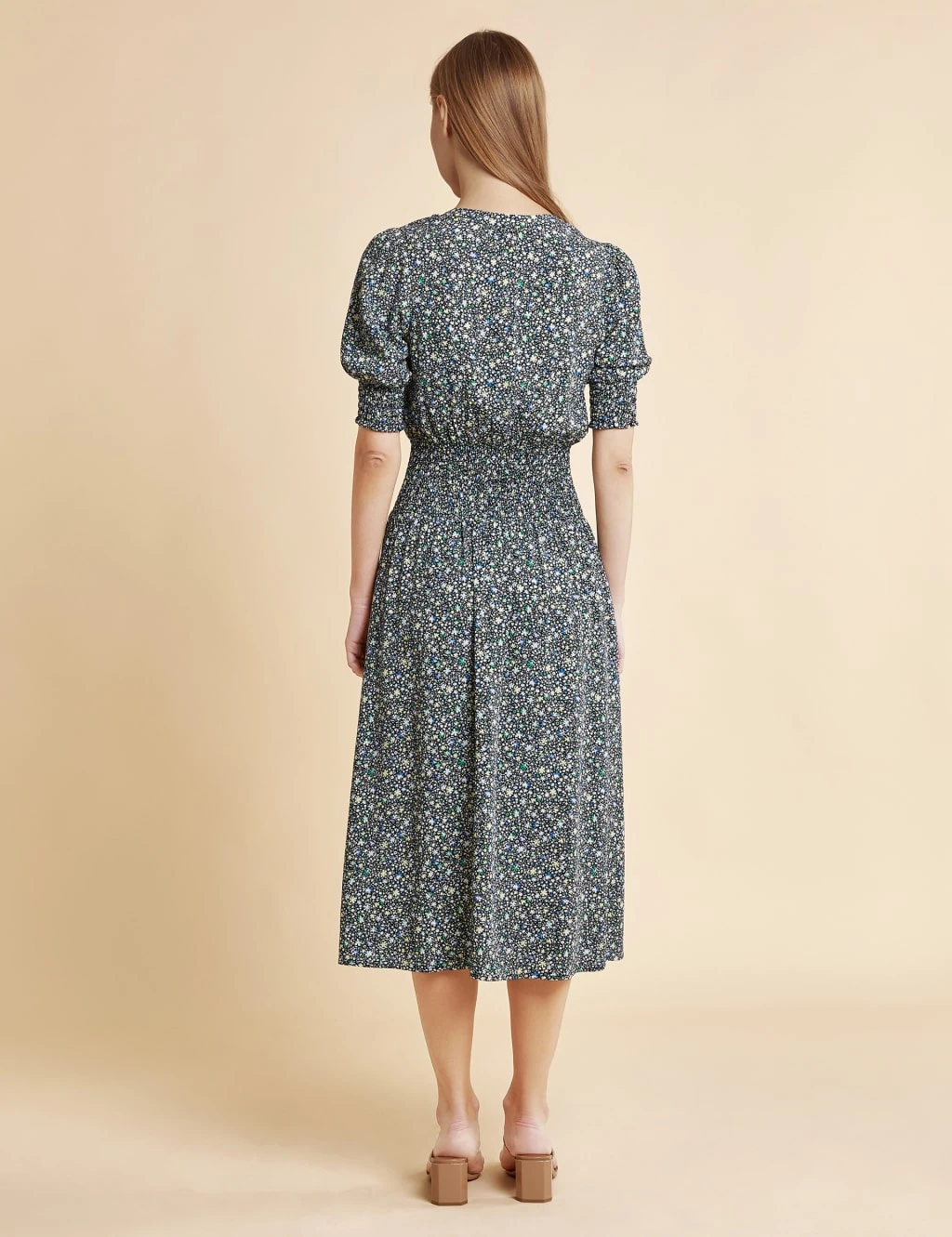 Floral V-Neck Shirred Midi Skater Dress 2 Floral V-Neck Shirred Midi Skater Dress - Image 2