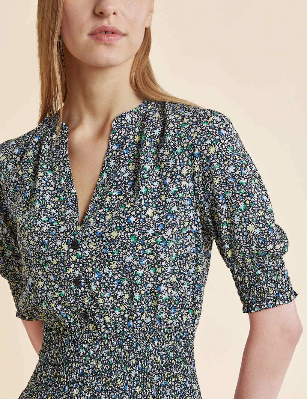 Floral V-Neck Shirred Midi Skater Dress 3 Floral V-Neck Shirred Midi Skater Dress - Image 3