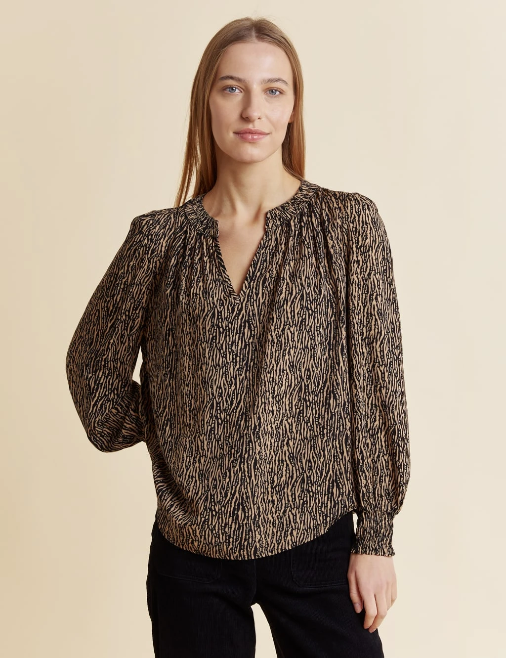 Animal Print V-Neck Blouson Sleeve Blouse 1 Animal Print V-Neck Blouson Sleeve Blouse