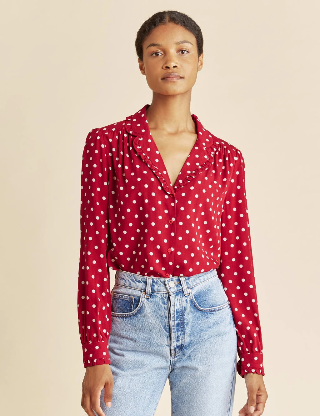 Polka Dot Collared Long Sleeve Blouse 1 Polka Dot Collared Long Sleeve Blouse