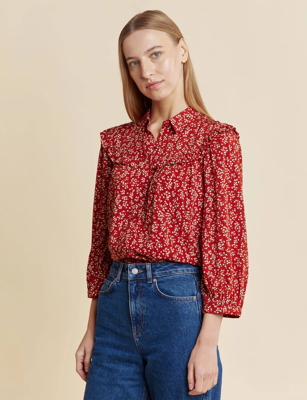Printed Collared Ruffle Blouse 1 Printed Collared Ruffle Blouse