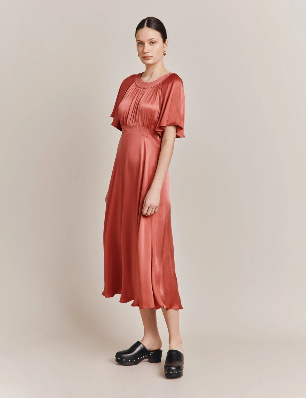 Ghost Satin Round Neck Midi Waisted Dress 1 Ghost Satin Round Neck Midi Waisted Dress