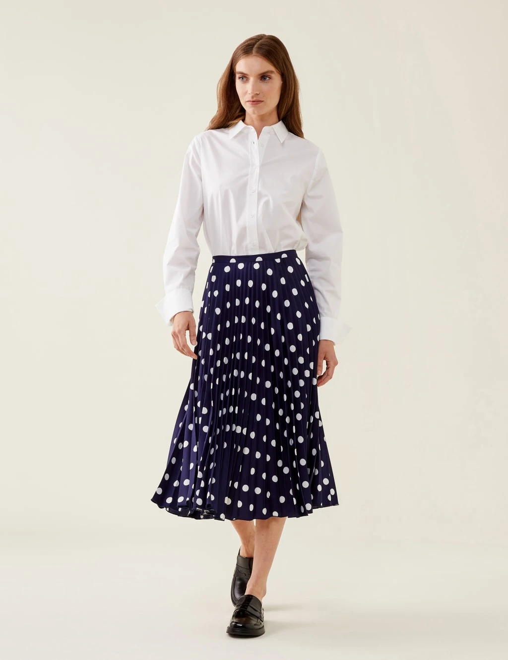Crepe Polka Dot Pleated Midi Skater Skirt 1 Crepe Polka Dot Pleated Midi Skater Skirt