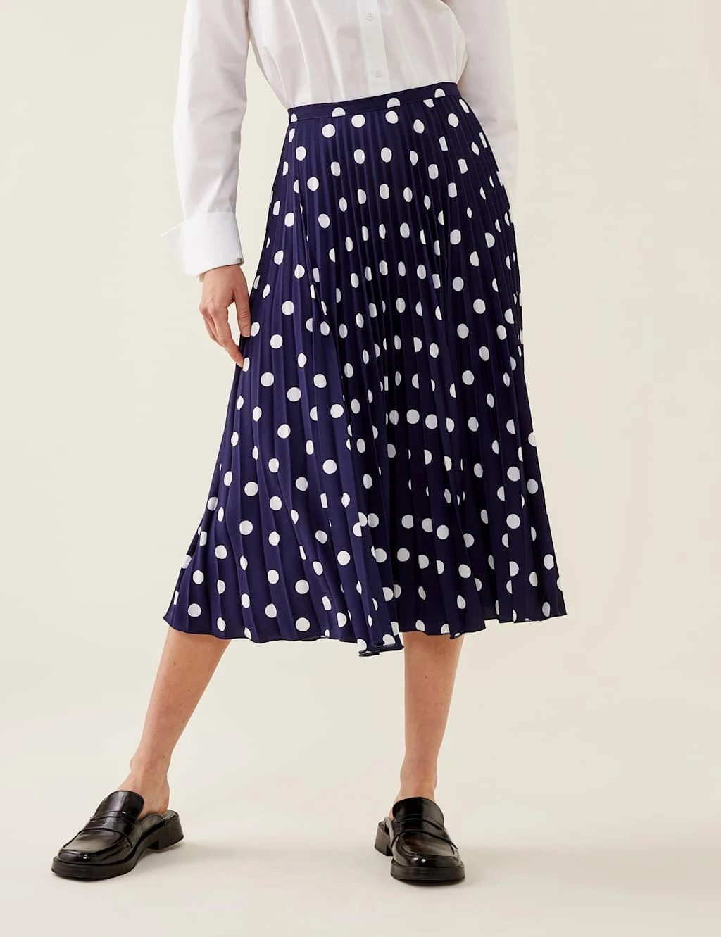 Crepe Polka Dot Pleated Midi Skater Skirt 4 Crepe Polka Dot Pleated Midi Skater Skirt - Image 4