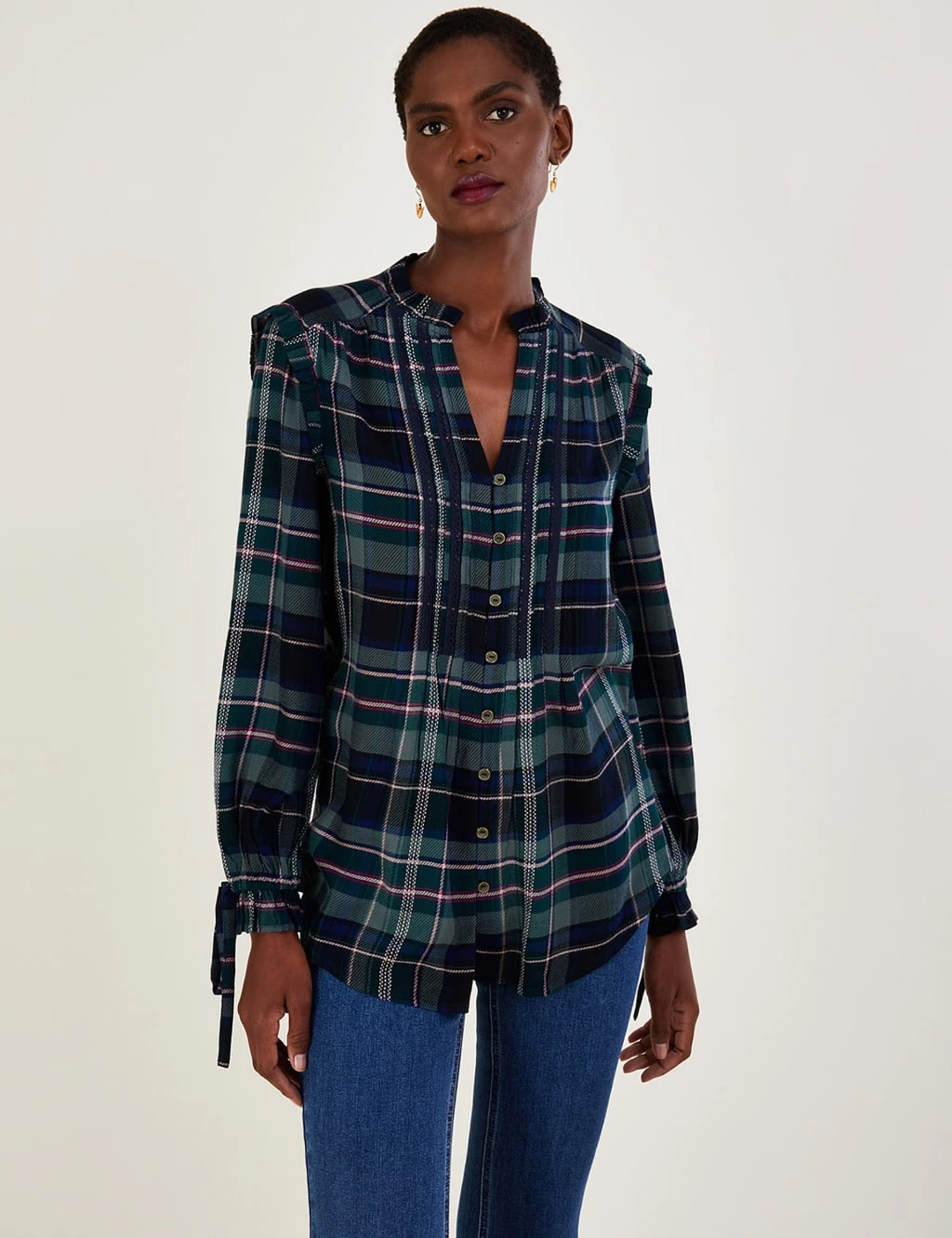 MONSOON Checked V-Neck Frill Detail Longline Top 1 MONSOON Checked V-Neck Frill Detail Longline Top