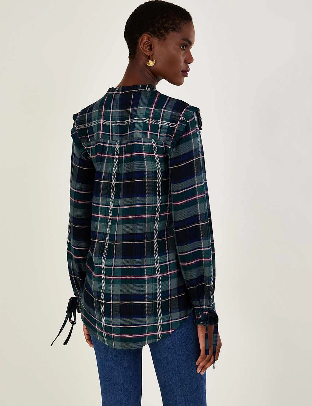 MONSOON Checked V-Neck Frill Detail Longline Top 3 MONSOON Checked V-Neck Frill Detail Longline Top - Image 3