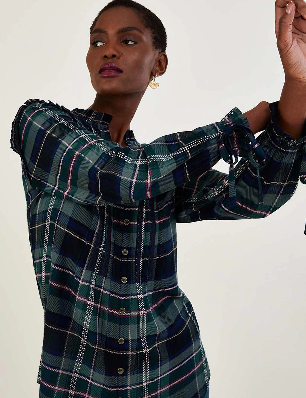 MONSOON Checked V-Neck Frill Detail Longline Top 4 MONSOON Checked V-Neck Frill Detail Longline Top - Image 4