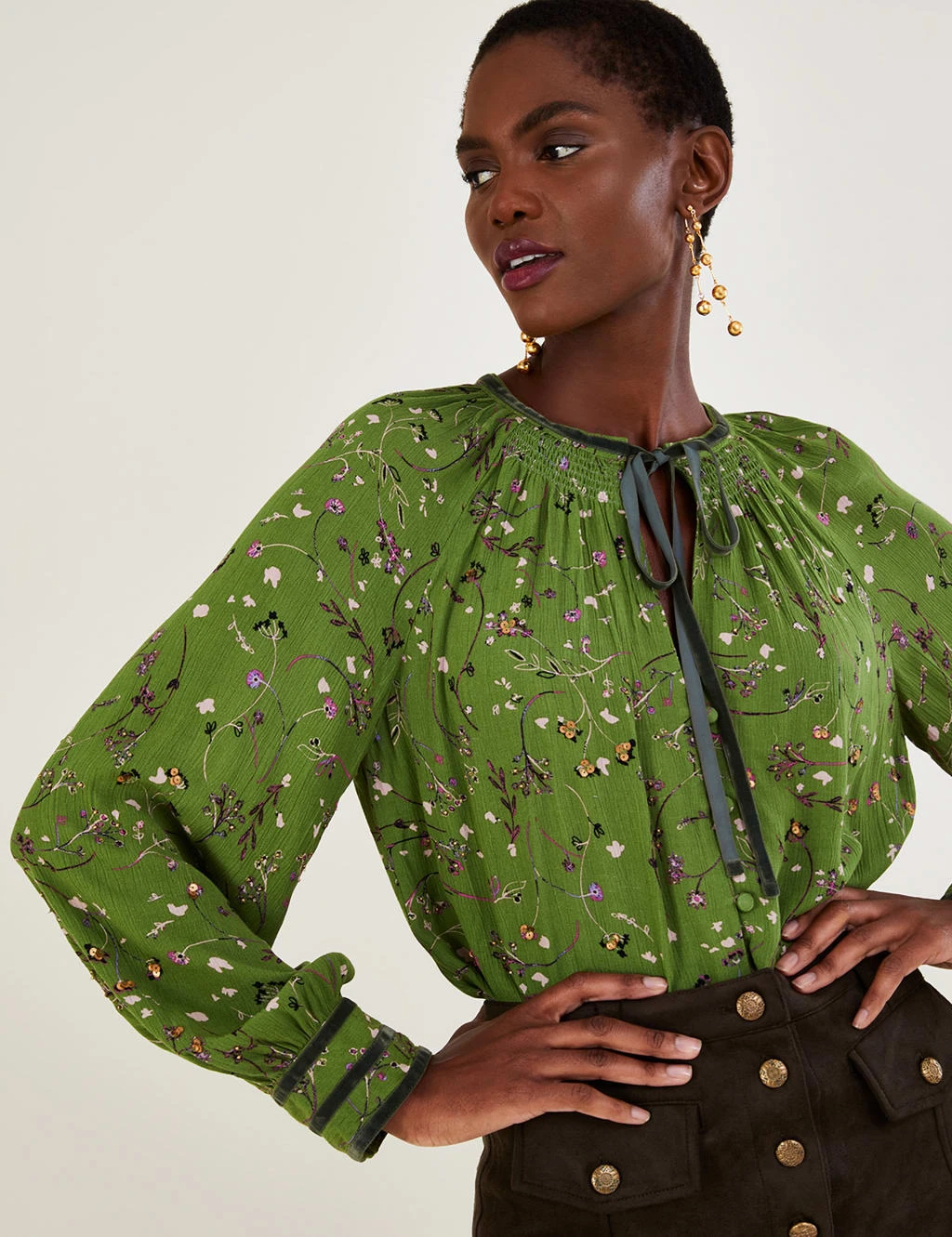 MONSOON Sequin Embellished Floral Shirred Blouse 4 MONSOON Sequin Embellished Floral Shirred Blouse - Image 4