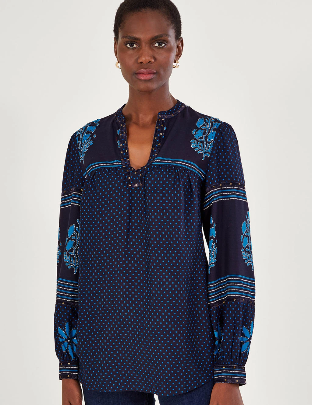 MONSOON Printed Embroidered V-Neck Popover Blouse 1 MONSOON Printed Embroidered V-Neck Popover Blouse