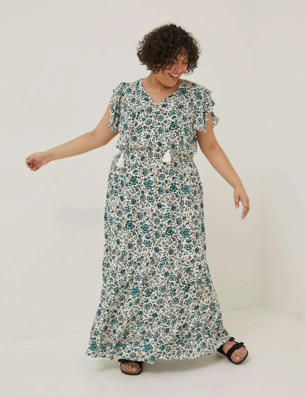 Floral Tie Neck Shirred Maxi Tiered Dress 6 Floral Tie Neck Shirred Maxi Tiered Dress - Image 6