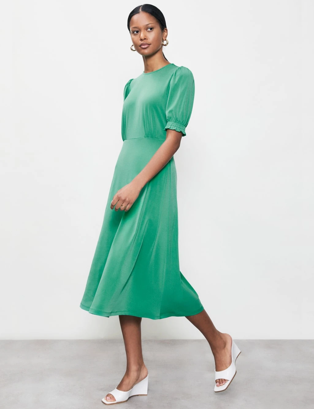 Round Neck Puff Sleeve Midi Waisted Dress 1 Round Neck Puff Sleeve Midi Waisted Dress