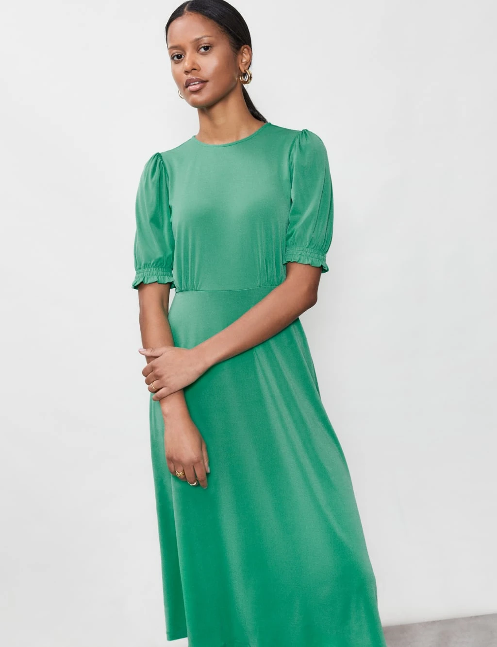 Round Neck Puff Sleeve Midi Waisted Dress 2 Round Neck Puff Sleeve Midi Waisted Dress - Image 2