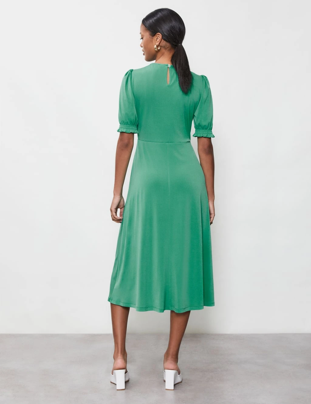 Round Neck Puff Sleeve Midi Waisted Dress 4 Round Neck Puff Sleeve Midi Waisted Dress - Image 4