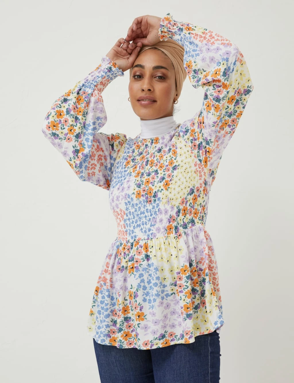 Floral Crew Neck Shirred Long Sleeve Blouse 1 Floral Crew Neck Shirred Long Sleeve Blouse