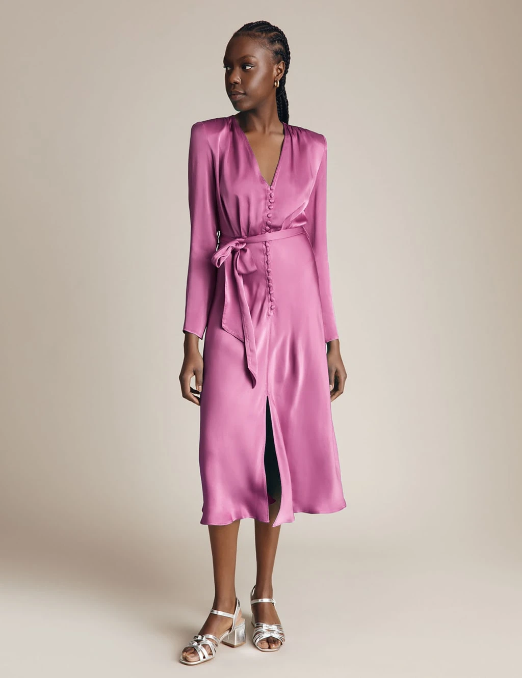 Ghost Satin V-Neck Belted Midi Waisted Dress 1 Ghost Satin V-Neck Belted Midi Waisted Dress