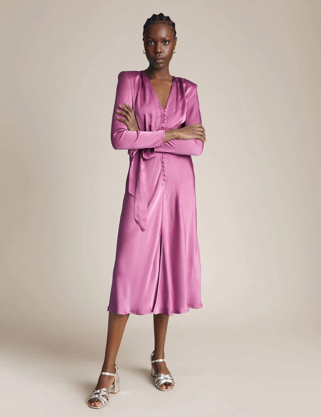 Ghost Satin V-Neck Belted Midi Waisted Dress 3 Ghost Satin V-Neck Belted Midi Waisted Dress - Image 3