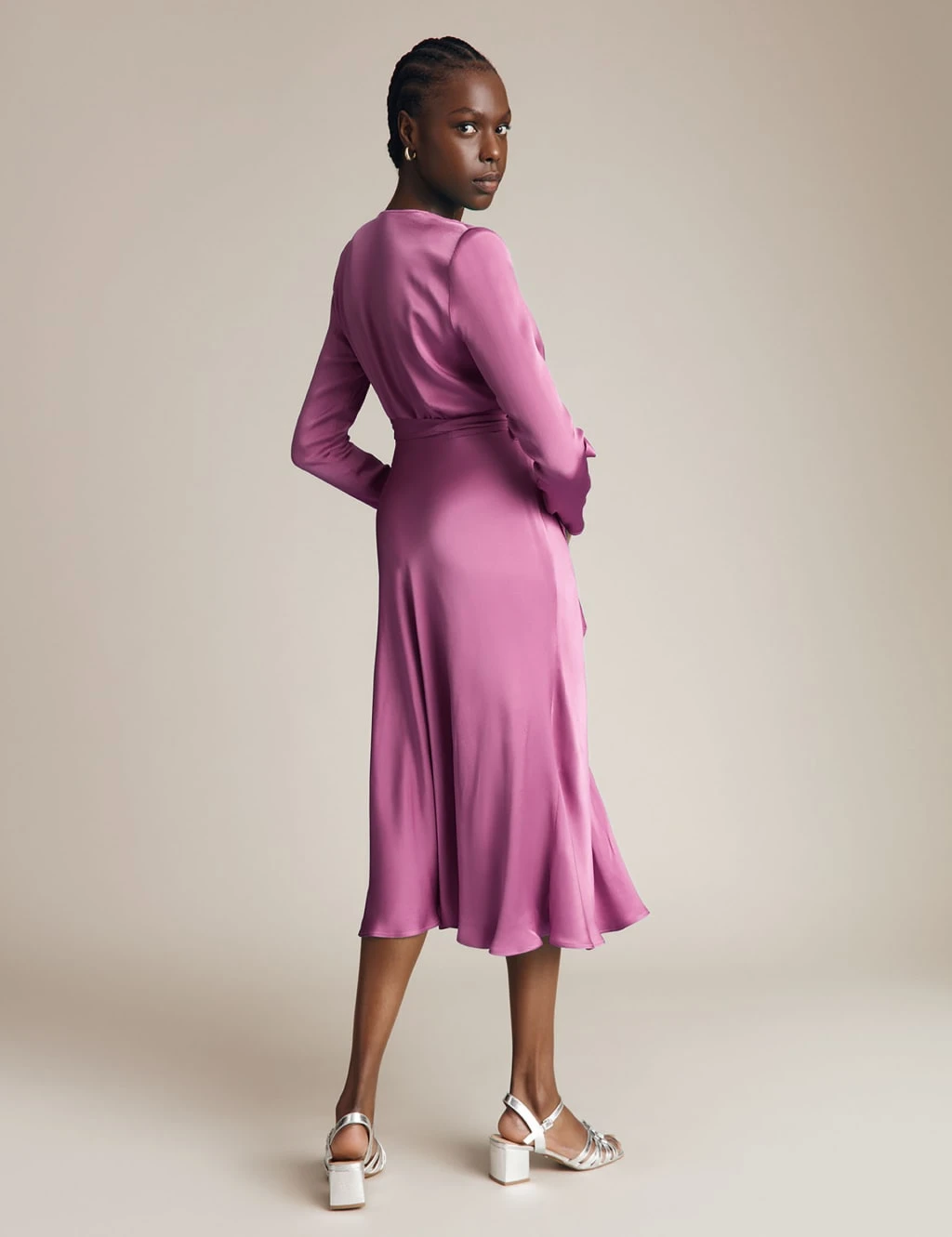 Ghost Satin V-Neck Belted Midi Waisted Dress 4 Ghost Satin V-Neck Belted Midi Waisted Dress - Image 4