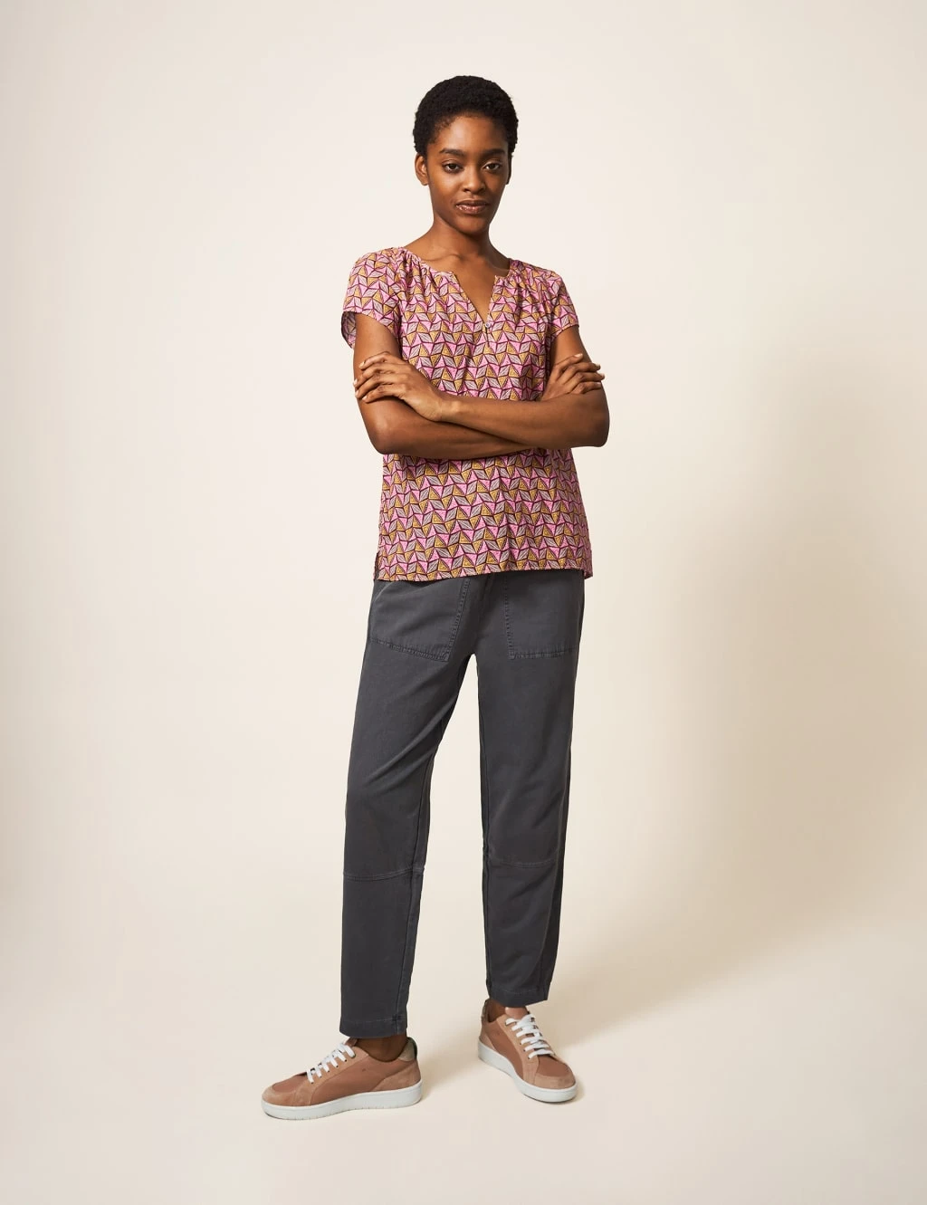 WHITE STUFF Organic Cotton Geometric V-Neck Blouse 4 WHITE STUFF Organic Cotton Geometric V-Neck Blouse - Image 4