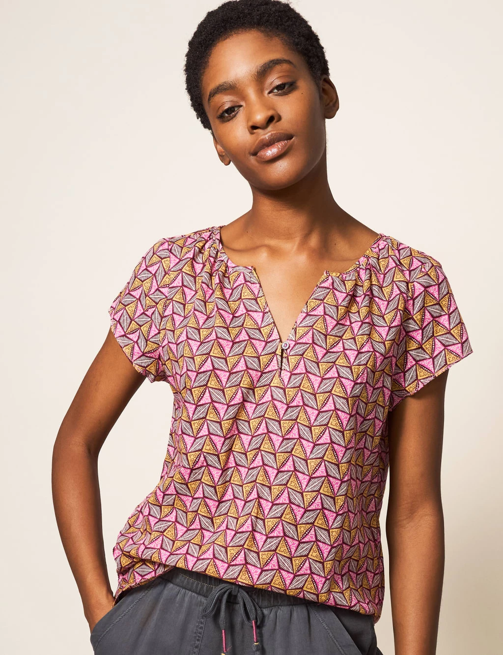 WHITE STUFF Organic Cotton Geometric V-Neck Blouse 5 WHITE STUFF Organic Cotton Geometric V-Neck Blouse - Image 5