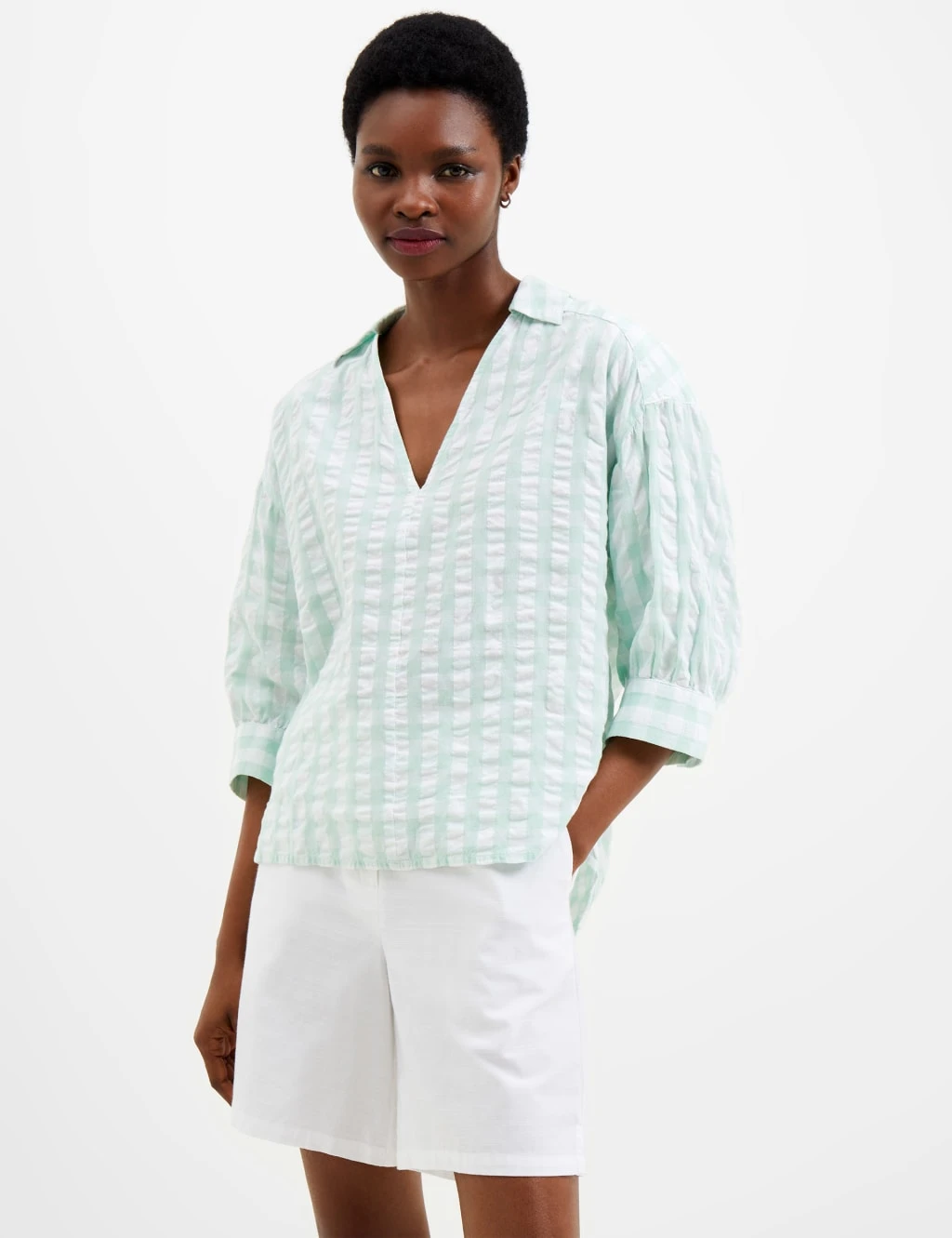 French Connection Textured Checked Puff Sleeve Shirt 1 French Connection Textured Checked Puff Sleeve Shirt