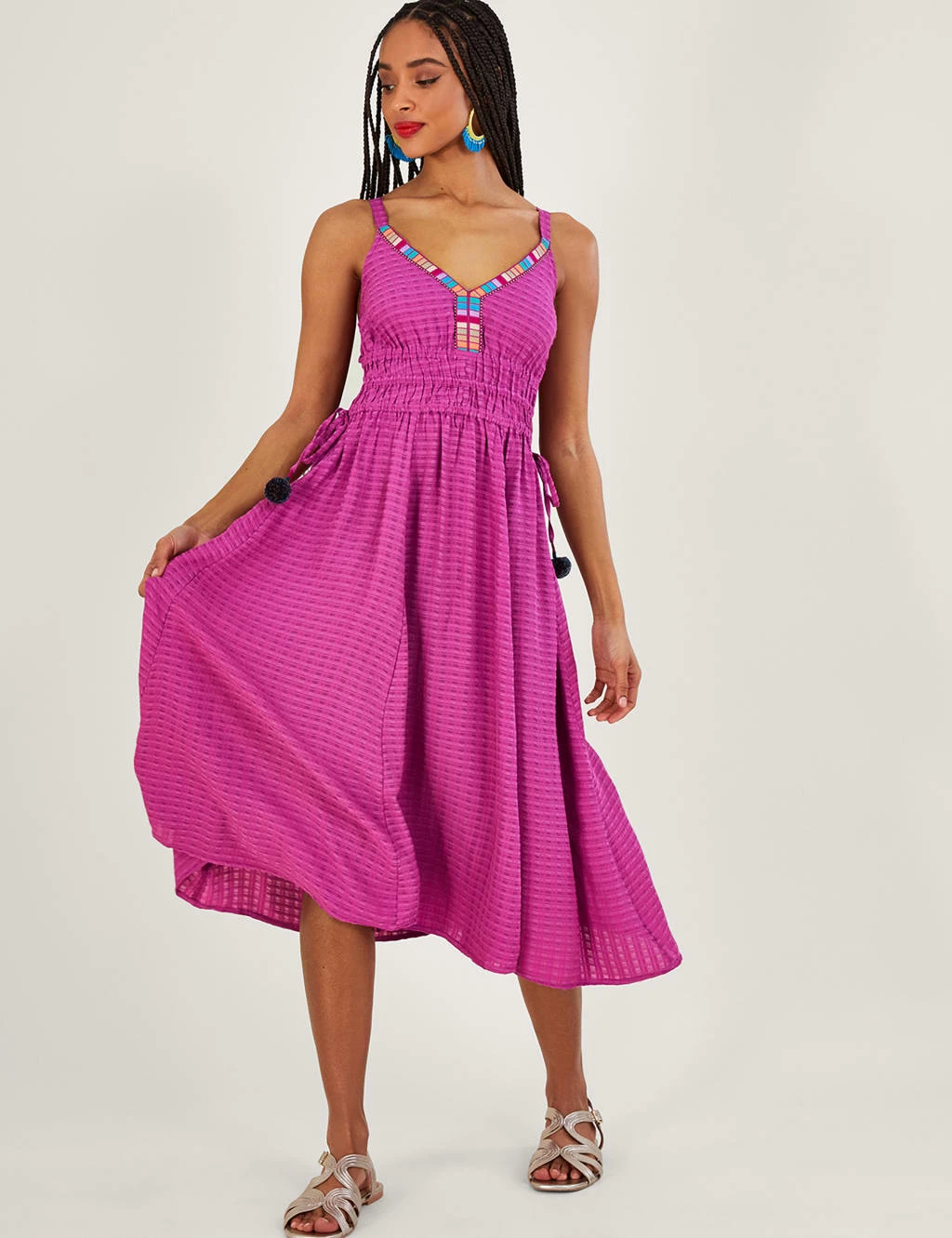 MONSOON Textured V-Neck Strappy Midi Waisted Dress 1 MONSOON Textured V-Neck Strappy Midi Waisted Dress