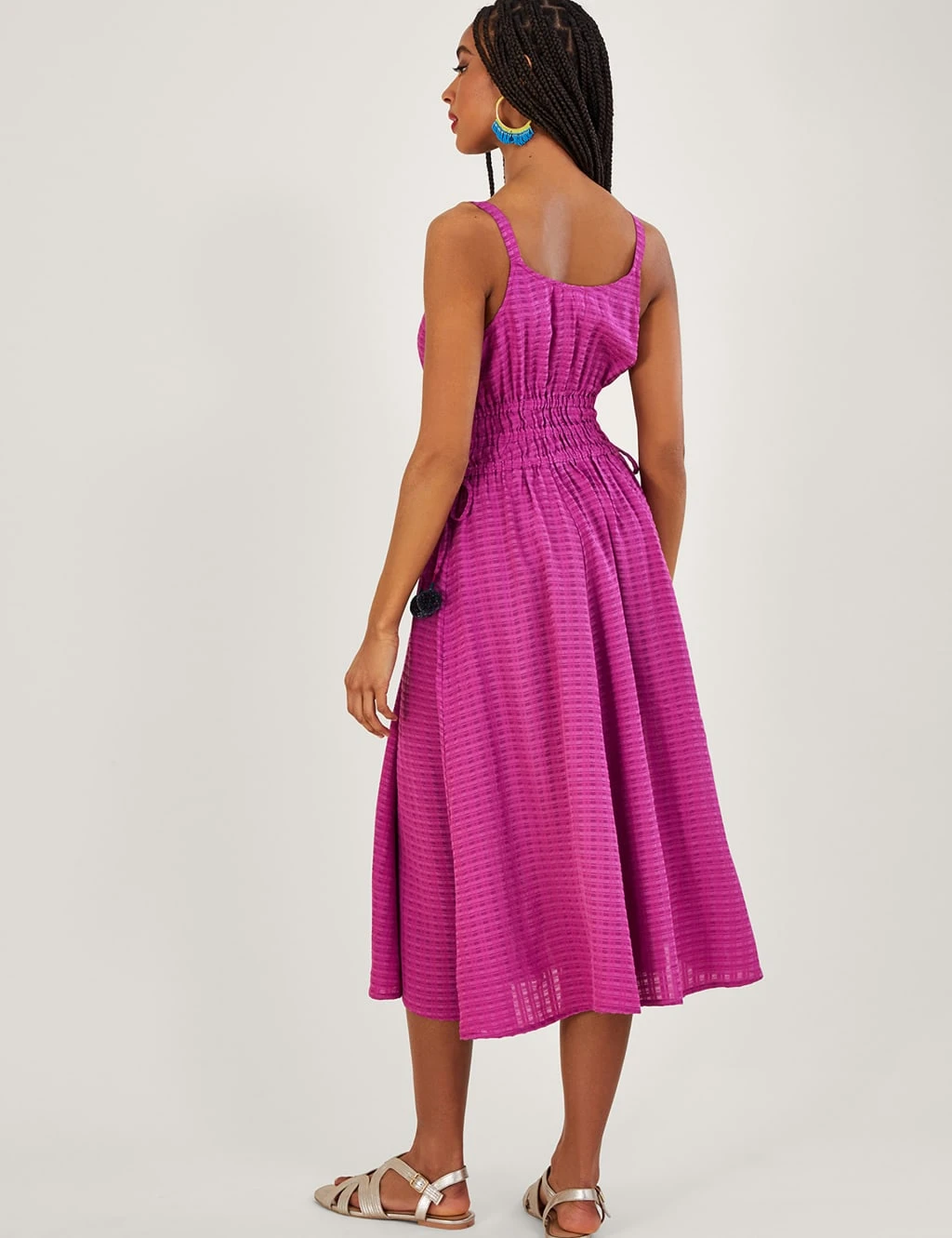 MONSOON Textured V-Neck Strappy Midi Waisted Dress 4 MONSOON Textured V-Neck Strappy Midi Waisted Dress - Image 4