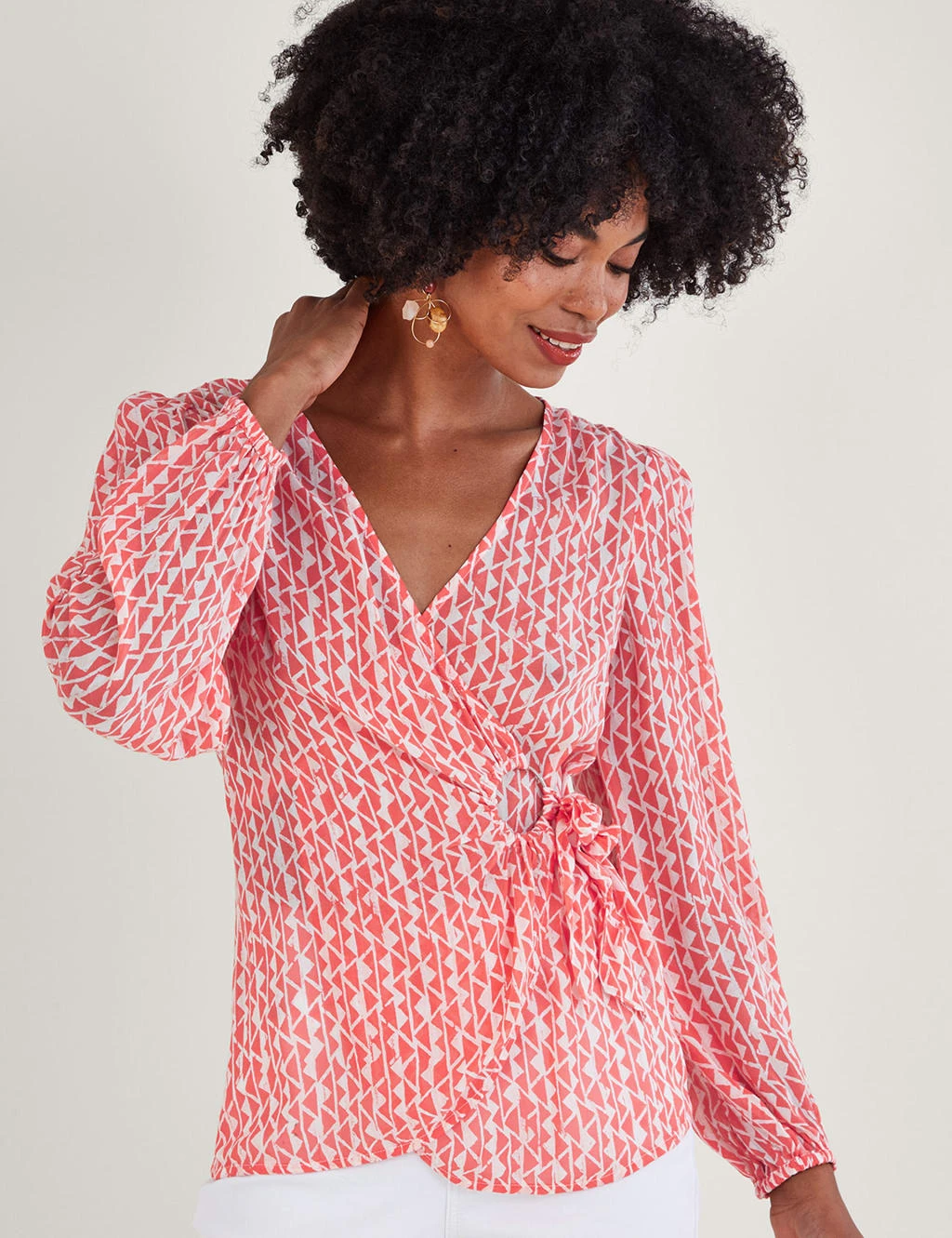 MONSOON Geometric V-Neck Tie Front Blouse 1 MONSOON Geometric V-Neck Tie Front Blouse